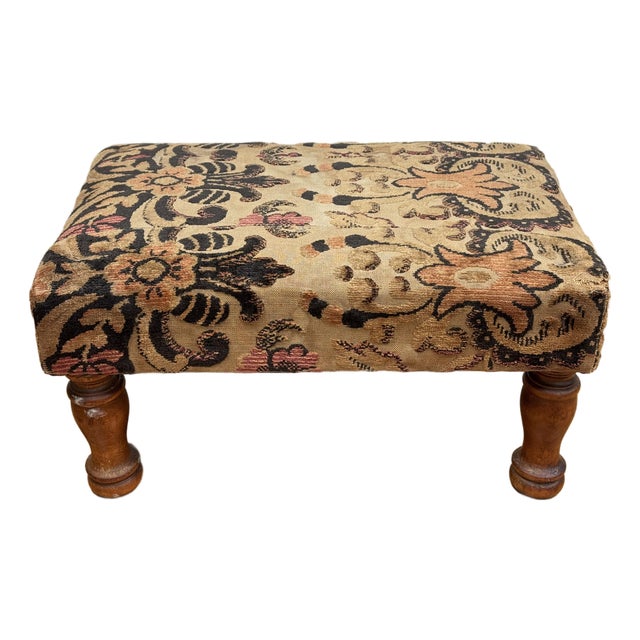 Antique Floral Upholstered Footstool W/ Turned Wood Legs For Sale