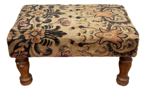 Antique Floral Upholstered Footstool W/ Turned Wood Legs