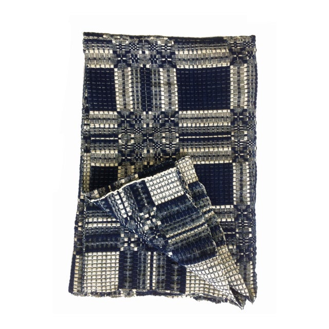 Antique Blue and White Hand Loomed Wool Coverlet Throw Blanket With