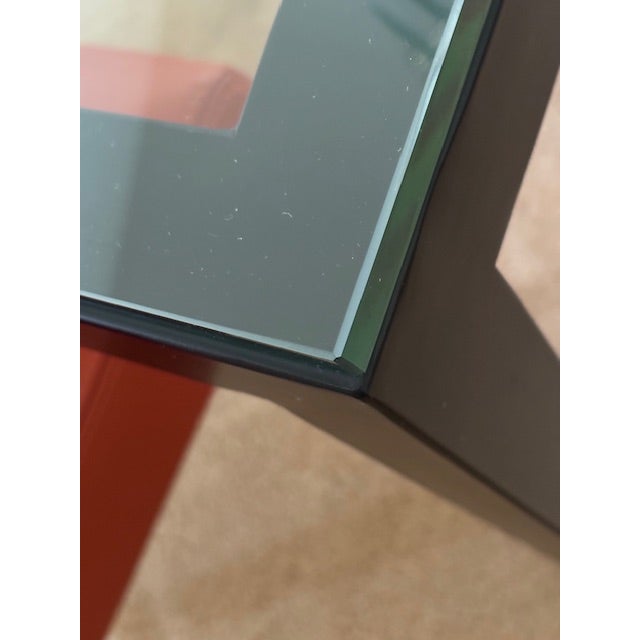 Crate & Barrel Mid Century Modern Crate & Barrel Parsons Steel & Glass Dining Table With Set of Four Lowe Leather Group Side Chairs For Sale - Image 4 of 8