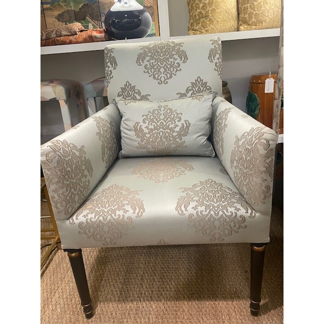 Gray Pair of Modern Damask Dessin Fournir Arm Chairs For Sale - Image 8 of 10