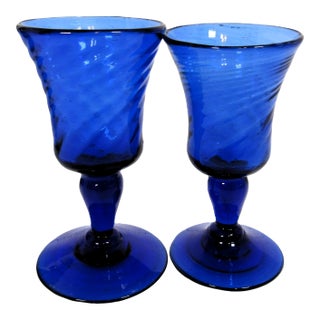 Vintage Blown Glass Cordials Cobalt Blue - a Pair For Sale