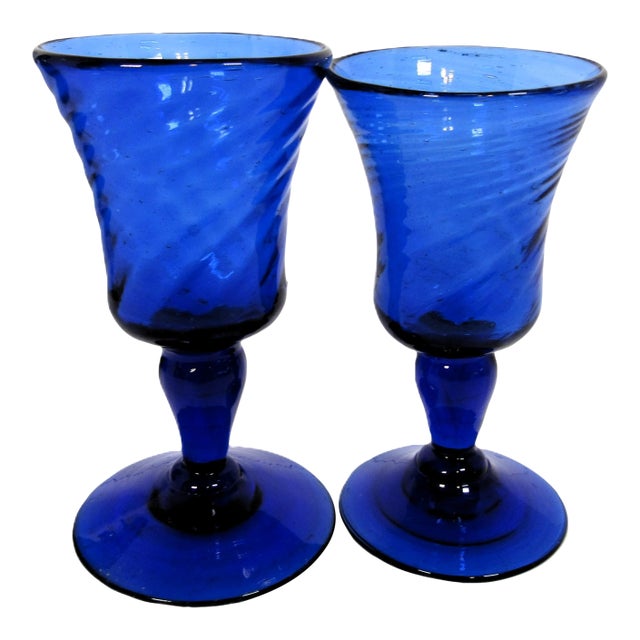 Vintage Blown Glass Cordials Cobalt Blue - a Pair For Sale