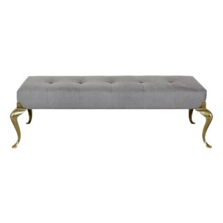1970's Brass Bench With Grey Velvet Cushion Top For Sale