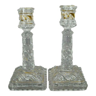 19th Century French Antique Signed Baccarat Russo Pattern Molded Flint Glass With Gilt Candle Holders a - Pair For Sale