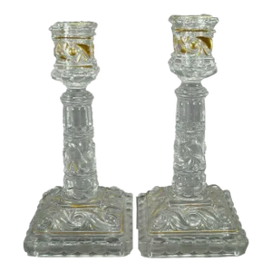 19th Century French Antique Signed Baccarat Russo Pattern Molded Flint Glass With Gilt Candle Holders a - Pair