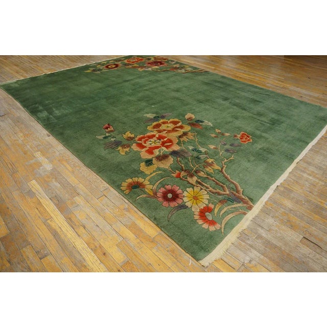 1930s Green Open Floral Antique Chinese Art Deco Carpet 8' 7" X 11' 4" Knotted Pile Wool Rug For Sale - Image 4 of 12