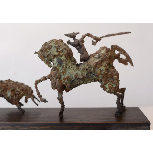 Wood Mid Century Brutalist Bronze Picador & Bull Sculpture For Sale - Image 7 of 11