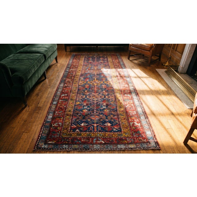 1890s Blue Navy Geometric Tribal Antique N.w. Persian Rug 3'8" X 9'4" Handwoven Wool Carpet For Sale - Image 9 of 9
