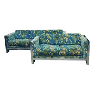 1970s Sofa Set With Jack Lenor Larsen Cotton Velvet Fabric and Chrome Trim For Sale