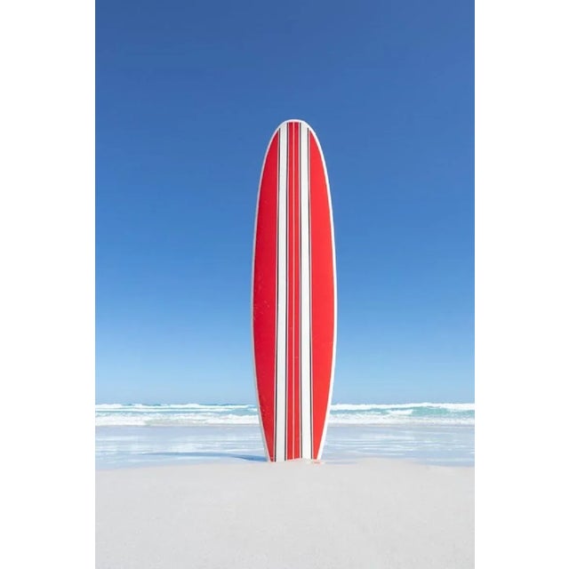 John White, Red and White Striped Retro Surfboard with the Ocean in the Background, Photographic Paper, in Flawless...