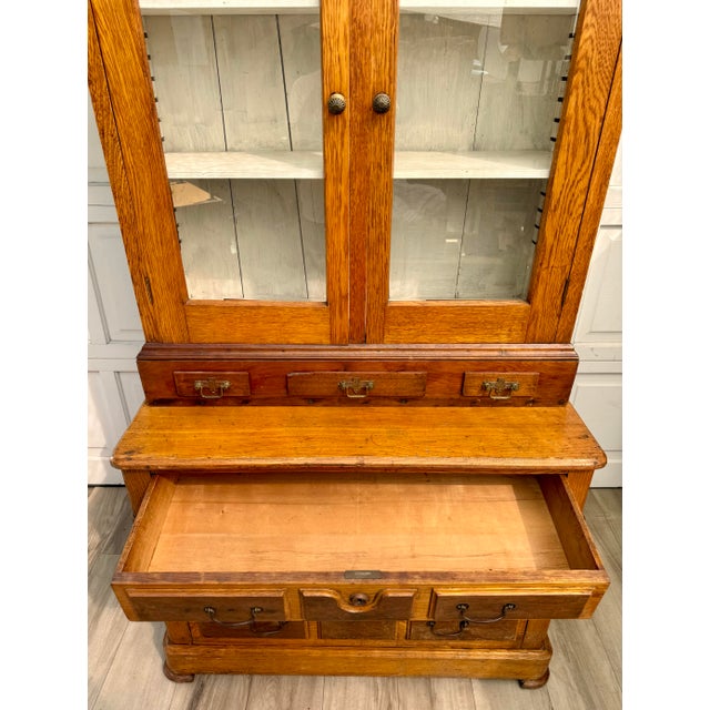 Brown Early 1900s Architectural Oak Display Glass-Front Cabinet on Chest For Sale - Image 8 of 18