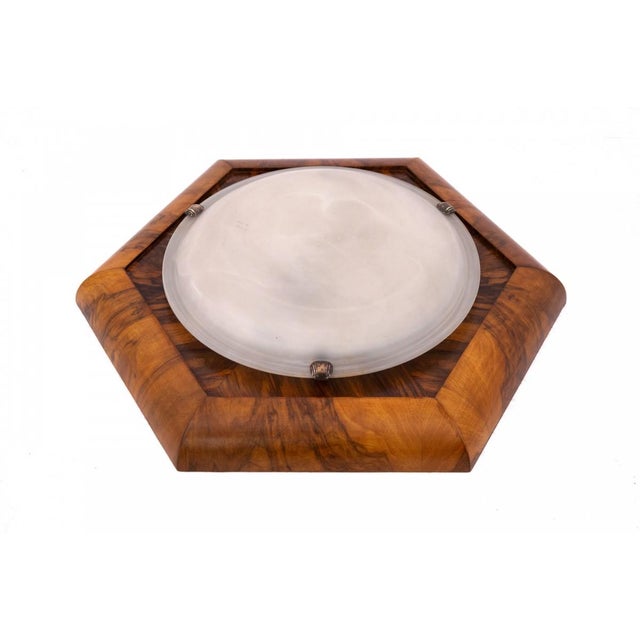 Interesting Art Deco ceiling lamp, Poland, 1950s. Very good condition, after professional renovation. Wood: walnut...
