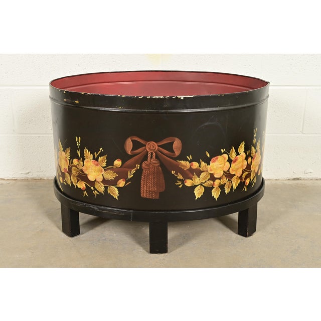 Maitland Smith Neoclassical Hand-Painted Black Lacquered Oval Toleware Box or Chest on Stand For Sale - Image 11 of 15