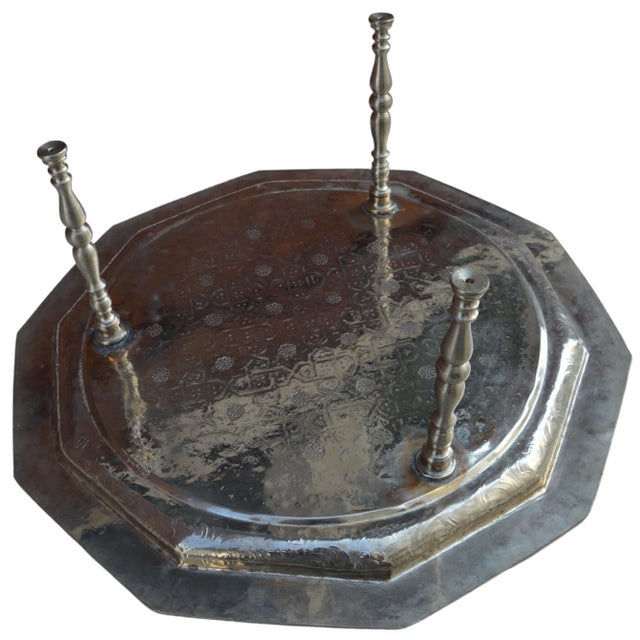Silver Late 20th Century Vintage Hand-Engraved Moorish-Patterned Moroccan Footed Tray For Sale - Image 8 of 10