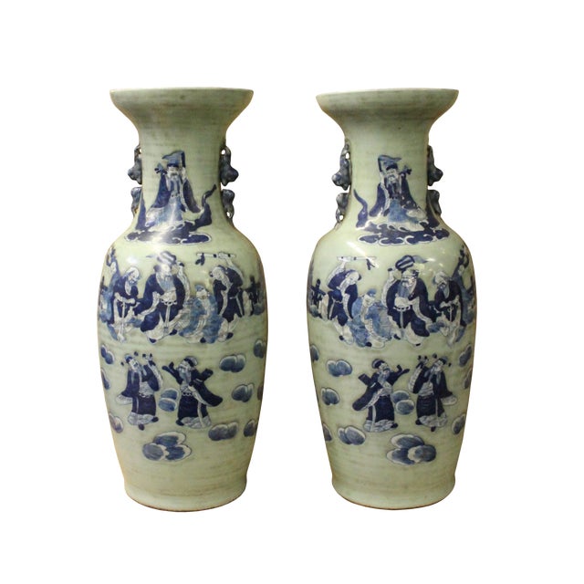 Pair Pale Green Blue Eight Immortal Graphic Porcelain Vases Chairish