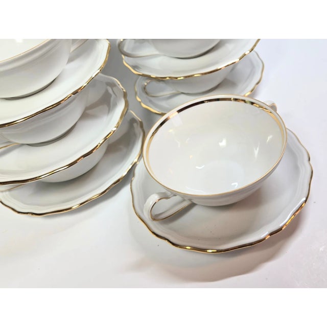 Traditional Gold Rimmed Cream Soup Cup and Saucer Set- Set of Sixteen For Sale - Image 3 of 12