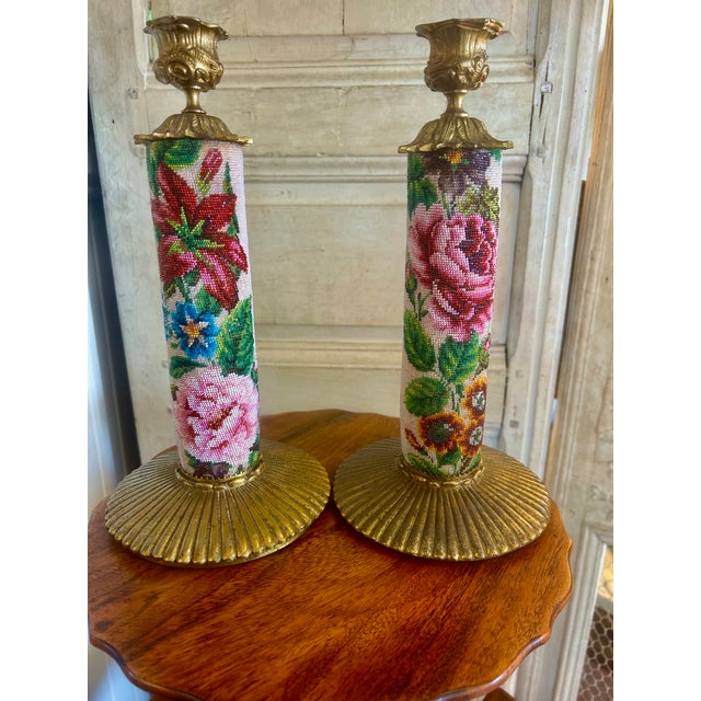 Antique Crystal Bead Petit Point Candle Holders Pair For Sale - Image 14 of 15