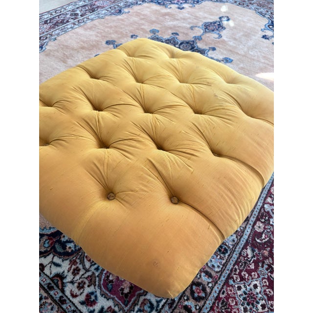 Mid 20th Century Vintage Louis XVI Style Tufted Gold Ottoman With Brass Paw Feet For Sale - Image 5 of 10