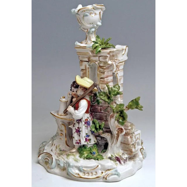 Meissen rare item: candlestick with gardener figurines manufactory: meissen hallmarked: blue meissen sword mark with...