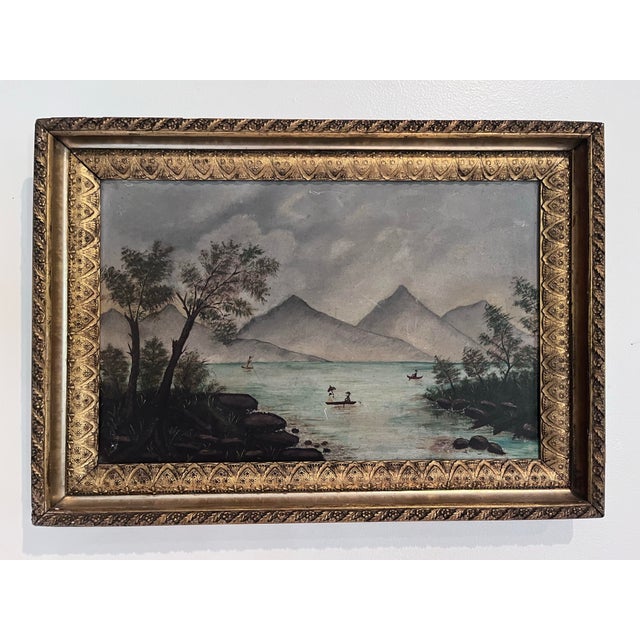 Folk Art Antique American Folk Art Mountain Lake Landscape Oil Painting on Artist’s Board, C. 1900 For Sale - Image 3 of 12