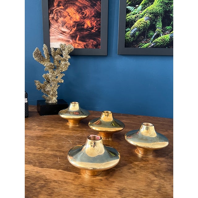 1990s Hein Studio Solid Brass Candle Holders Set of 4, Scandinavian Modern Candlesticks For Sale - Image 5 of 17
