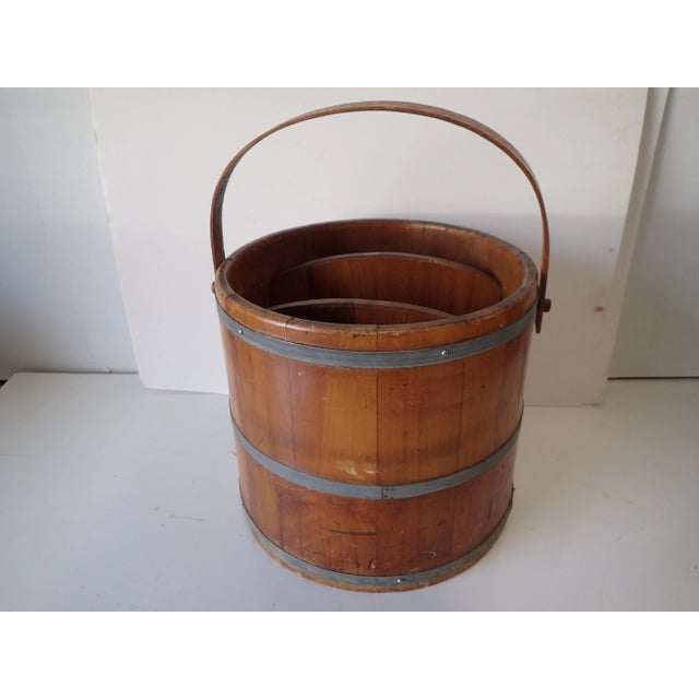 Vintage country style wooden firkin sugar bucket magazine holder/ storage no makers mark, in excellent condition. 14"H X...