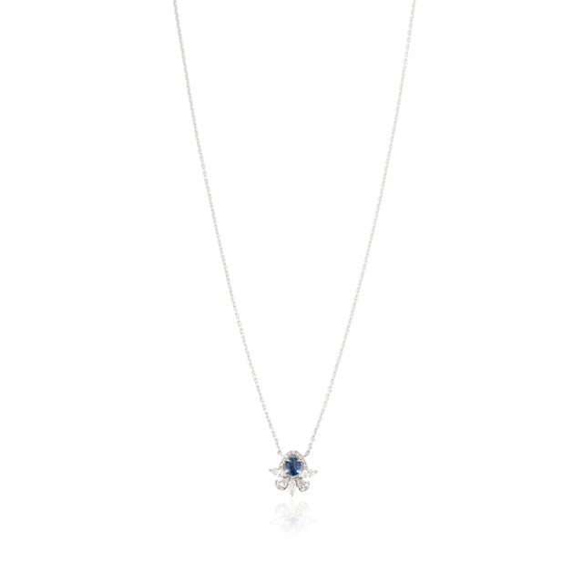Vintage-Inspired Blue Sapphire & Diamond Floral Pendant Necklace 14k White Gold For Sale - Image 4 of 14