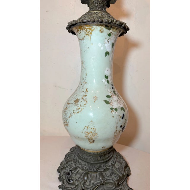 Huge 1800s Antique Ornate French Hand Painted Porcelain Bronze Kerosine Oil Lamp For Sale - Image 15 of 18