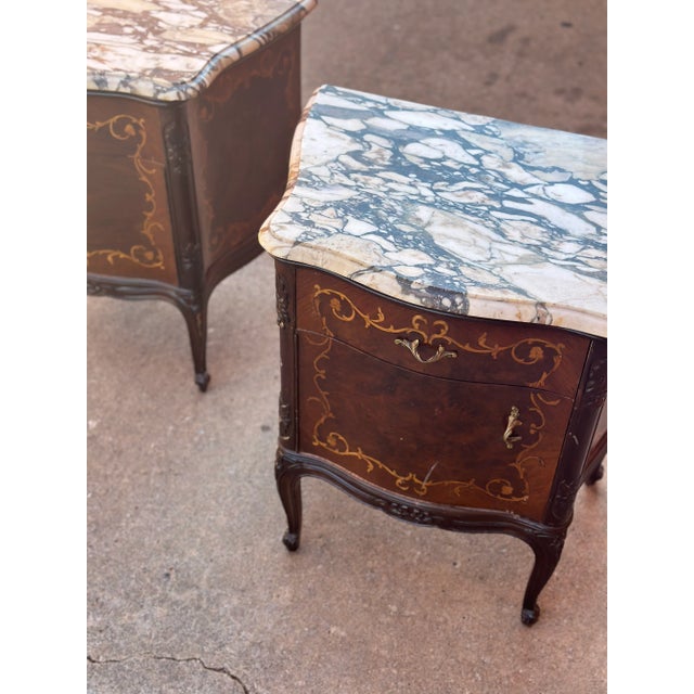 Late 19th Century Late 19th Century Pair of Antique Louis XV Style Marble-Top Nightstands With Inlay For Sale - Image 5 of 12