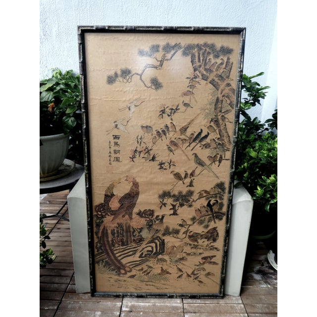 Antique Oriental Scroll Painting of Birds and Flowers - Great Wall Decor possibly Japanese dating from the late 19th c.