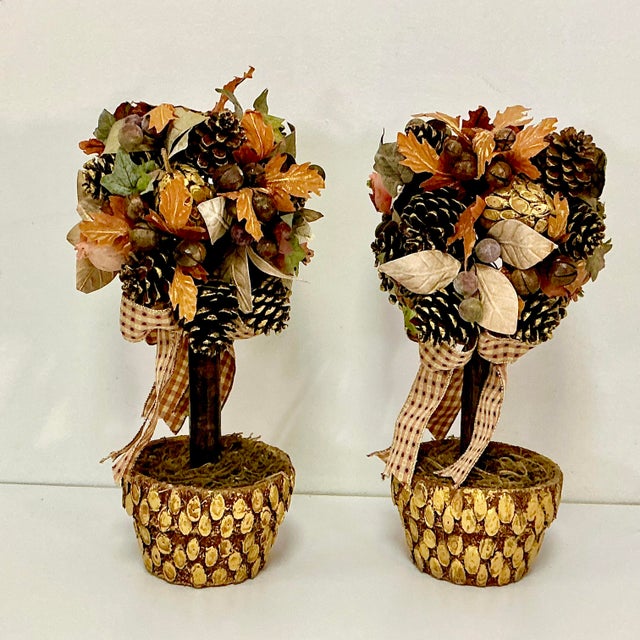 1980s Vintage Rustic Arts & Crafts Boho Chic Fall Mantel Centerpiece Topiaries - A Pair, Thanksgiving. For Sale - Image 9 of 16