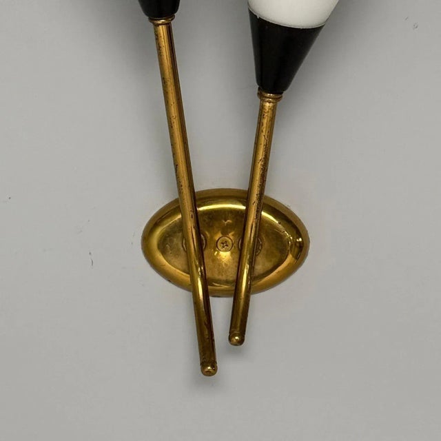 Italian Mid-Century Modern, Wall Sconces, Patinated Brass, Opaline Glass, Italy, 1950s For Sale - Image 10 of 11