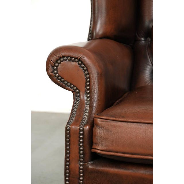 English Brown Cowhide Chesterfield Wing Lounge Chair For Sale - Image 10 of 13