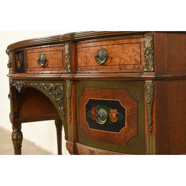 Berkey & Gay Style French Regency Louis XVI Hand Painted Walnut and Burl Wood Sideboard Credenza, Circa 1940s For Sale - Image 9 of 15