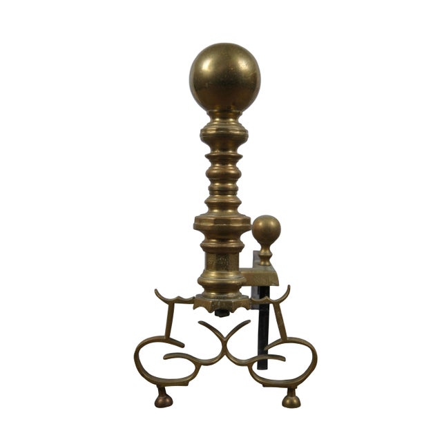 Pair of antique Georgian brass and iron andirons / fire dogs featuring cannonball tops on turned baluster pillars with...