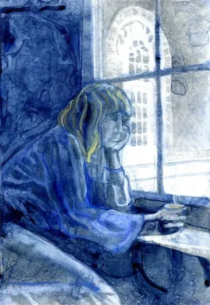 Vintage Original Mixed-Media Painting, "Rainy Day Portrait" by Kathleen Ney