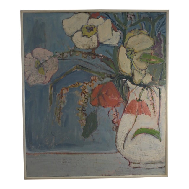 Large Mid 20th Century Abstract Floral Still Life Painting on Canvas, Framed For Sale