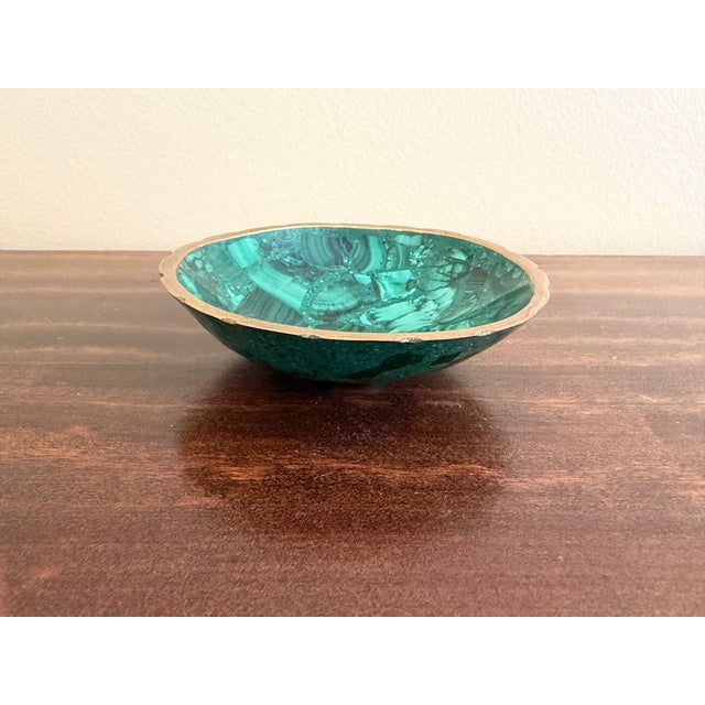 Metal Vintage Malachite Brass Rimmed Bowl For Sale - Image 7 of 8