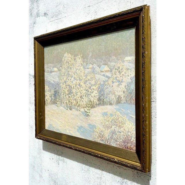 This beautiful original oil painting captures a serene winter landscape, executed with the soft, ethereal brushwork...