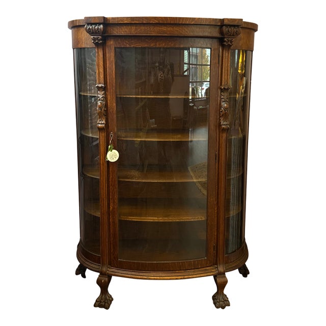 Antique Oak Curved Front China Cabinet W/Claw Feet For Sale