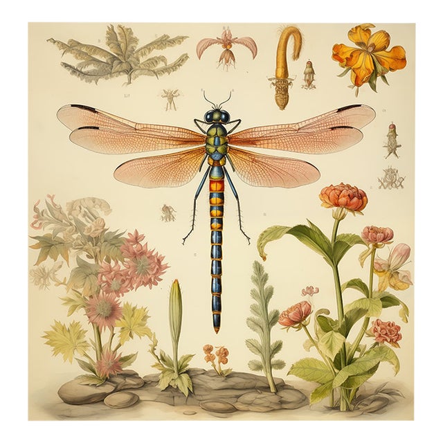 24' X 24' - 'Dragonfly and Flowers' # 3 - Original Watercolor Botanical Print - Hortus Floridus Style For Sale