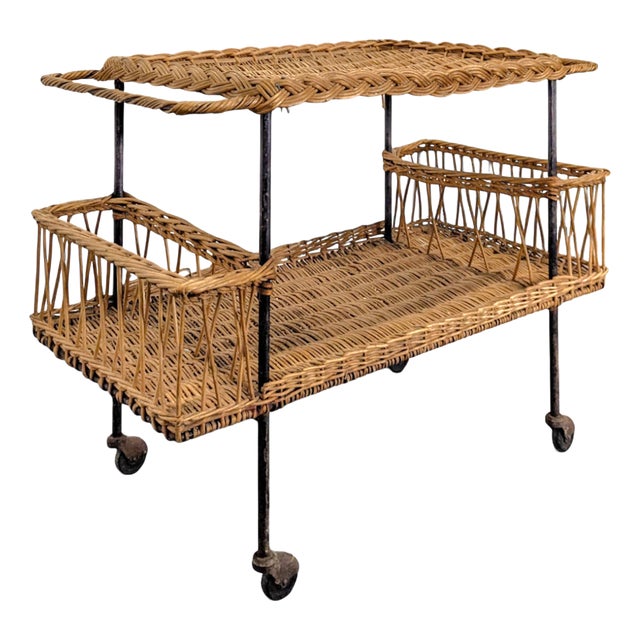 Rattan Rolling Trolley, 1960s For Sale