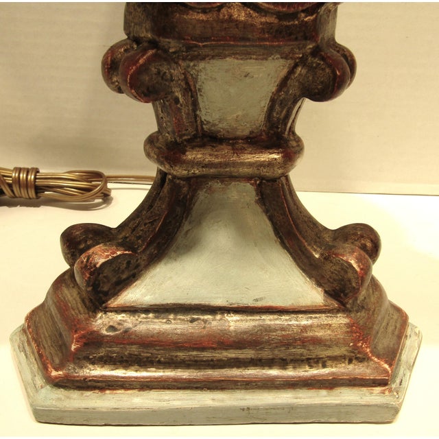 1970s Italian Baroque Style Hand Carved Wood Lamps Silk Shades - a Pair For Sale - Image 11 of 17