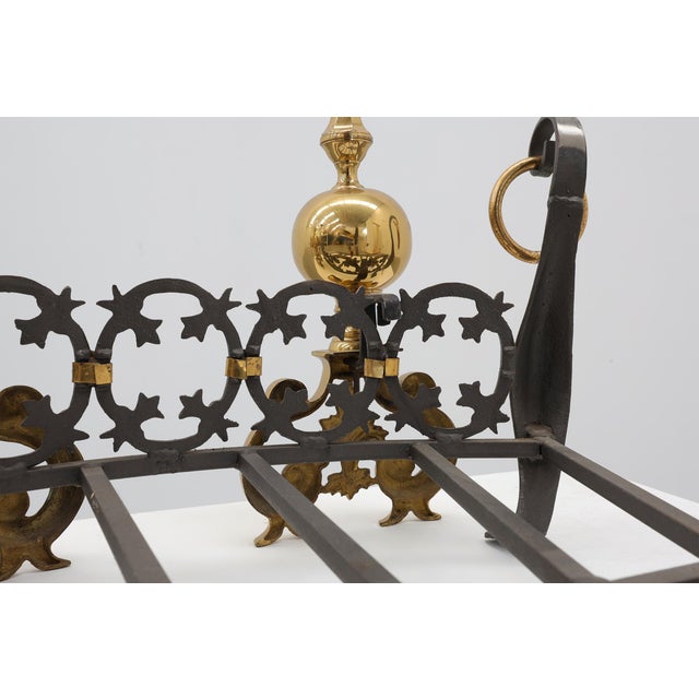 20th Century French Brass Firedogs and Wrought Iron Fireplace Grate, 1950s For Sale - Image 15 of 18