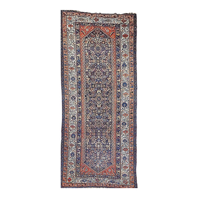 Antique Persian Malayer Gallery Rug, Hand-Knotted Wool, Geometric Pattern, 7x15, Navy & Ivory For Sale