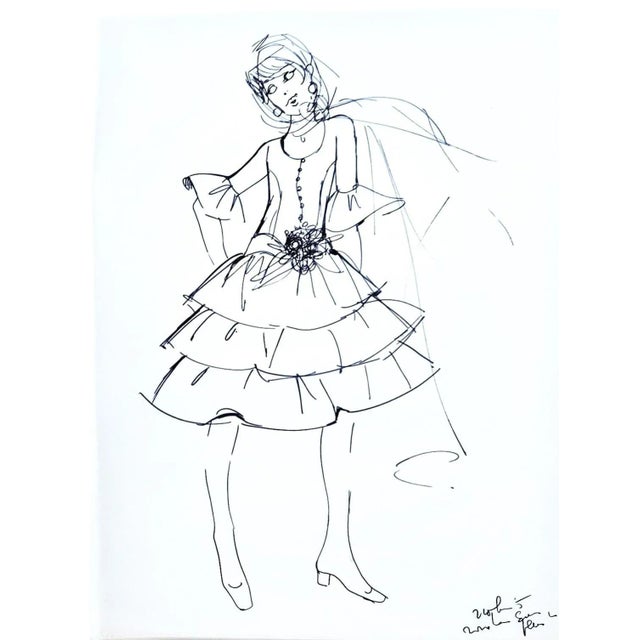 Mid-Century Modern 1970s Pair Pen and Ink Fashion Drawings,matted For Sale - Image 3 of 5