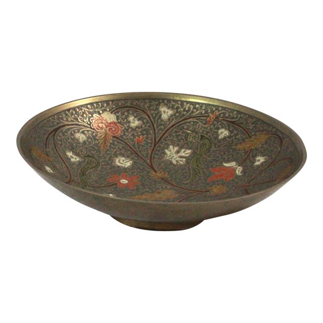 Vintage Oriental Art Brass Enamel Trinket Holder For Sale