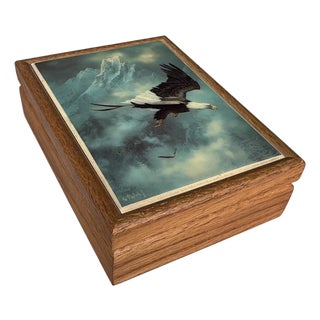 Solid Wood Jewelry Box With Bald Eagle Tile Top, Signed by Artist Ted Blaylock, 1986, Red Felt Interior For Sale