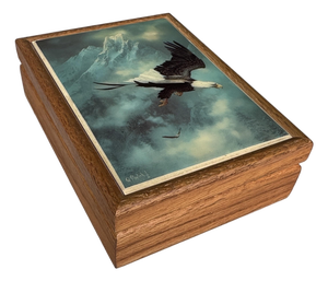 Solid Wood Jewelry Box With Bald Eagle Tile Top, Signed by Artist Ted Blaylock, 1986, Red Felt Interior